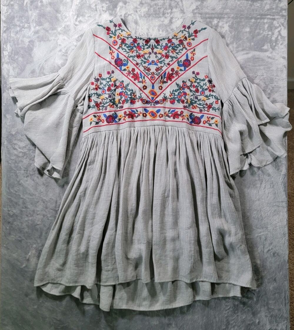 UMGEE M Boho Bell Sleeve Embroidered Bliss Mandy And Ally Mini Dress Gray